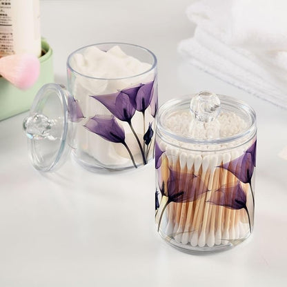 2 Pack Qtip Holder Dispenser for Cotton Ball Purple Tulip Lily Flower Swab Round Pads Clear Plastic Acrylic Jar Set Bathroom Canister