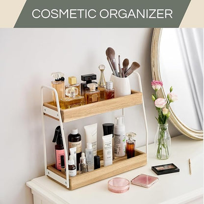 THYOI Acacia Wood 2-Tier Wooden Organizer Countertop, 15.4”x6.7”x14.6”, Natural White with White Steel, Two-Tier Bathroom Organizer, Storage Organizer, Wooden Organizer, Countertop Storage Shelf