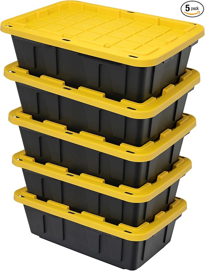 CX BLACK & YELLOW, 15-Gallon Heavy Duty Tough Storage Container & Snap-Tight Lid, (9.5H x 20.6W x 30.6D), Weather-Resistant Design and Stackable Organization Tote [5 Pack]