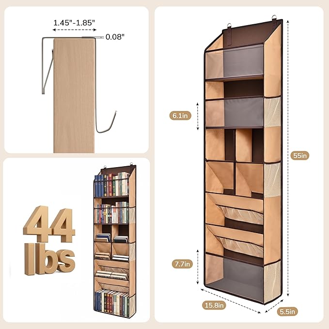 6-in-1 Over Door Hanging Organizer, Versatile Storage Over Door Organizer with 12 Mesh Pockets, 44 lbs Weight Capacity Hanging Storage Organizer for Bedroom, Bathroom,Behind Door,Brown