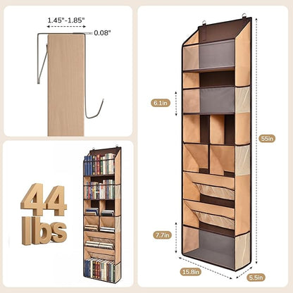 6-in-1 Over Door Hanging Organizer, Versatile Storage Over Door Organizer with 12 Mesh Pockets, 44 lbs Weight Capacity Hanging Storage Organizer for Bedroom, Bathroom,Behind Door,Brown