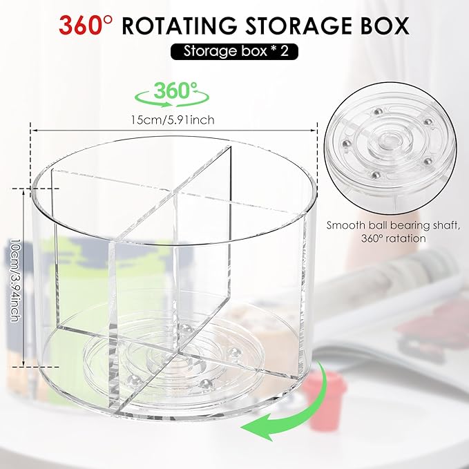 2PCS Rotating Drink Packet Organizer, BPA-Free Clear PET Leakproof Lazy Susan with 4 Compartments, 360° Silent Spinning Storage for Tea/Coffee/Sugar Packets - Pantry/Fridge/Countertop/Office