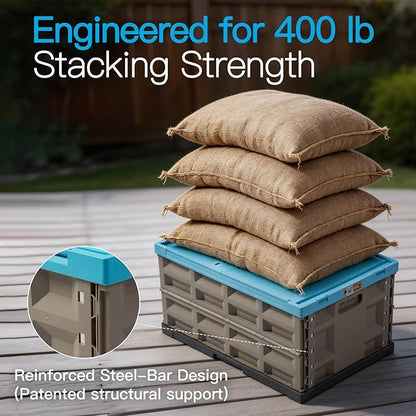 2 Pack Heavy Duty Storage Bins with Lids Attached, 12 Gallon Collapsible and Stackable Plastic Containers - 400 LBS Stacking Strength for Garage, RV, Moving (Blue -45L - Pack of 2)