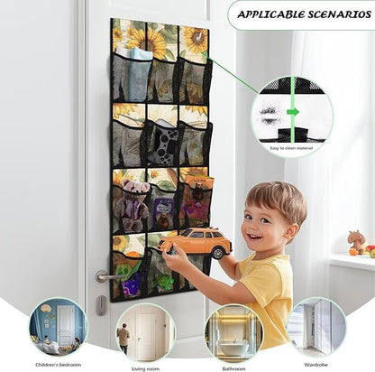 12-Pocket Over The Door Hanging Organizer, Lightweight Oxford Cloth Waterproof Foldable and Perfect for Bathroom Bedroom or Closet Storage Solutions, Sunflower and Hummingbird