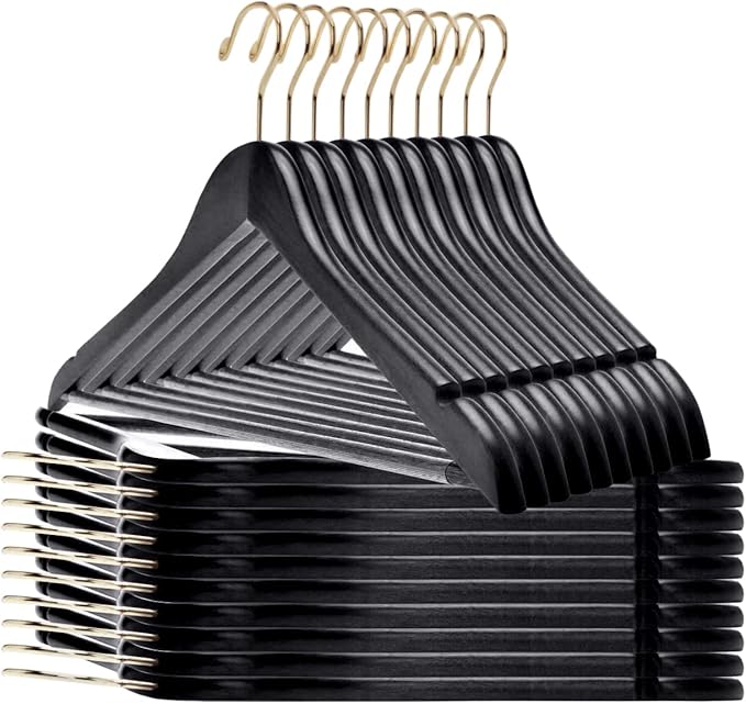 Quality Wooden Hangers - Slightly Curved Hanger 90 Pack Sets - Solid Wood Coat Hangers with Stylish Chrome Hooks - Heavy-Duty Clothes, Jacket, Shirt, Pants, Suit Hangers(Black - Gold Hook, 90)