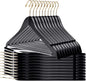 Quality Wooden Hangers - Slightly Curved Hanger 90 Pack Sets - Solid Wood Coat Hangers with Stylish Chrome Hooks - Heavy-Duty Clothes, Jacket, Shirt, Pants, Suit Hangers(Black - Gold Hook, 90)