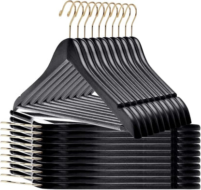 Quality Black Wooden Hangers - Slightly Curved Hanger Set of 20-Pack - Solid Wood Coat Hangers with Stylish Chrome Hooks - Heavy-Duty Clothes, Jacket, Shirt, Pants, Suit Hangers (Black-Gold Hook, 20)