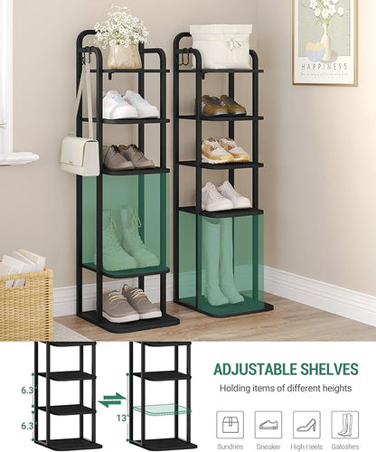 Hzuaneri Vertical Shoe Rack, Shoe Shelves, Wood Shoe Organizer for Closet, Entryway, Shoe Tower for Small Spaces, Free Standing, Adjustable, with 2 Hooks, 6 Tier Black SR04204B