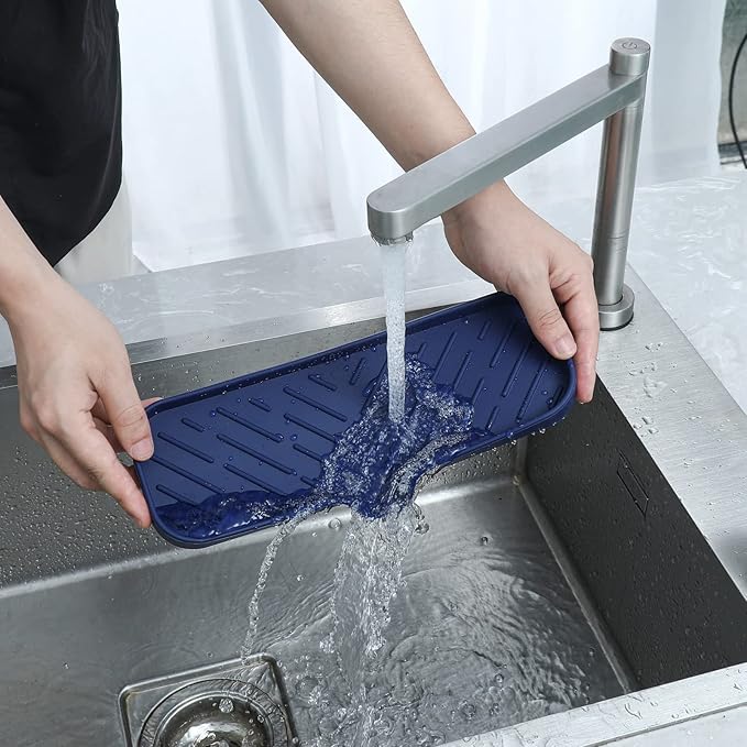 MicoYang Silicone Bathroom Soap Dishes with Drain Spout-Kitchen Sink Organizer,Sponge Holder,Dish Soap Tray,Perfect for Dispenser,Scrubber,Bottle,Cup on Sink or Counter-Navy Blue 12"×4"