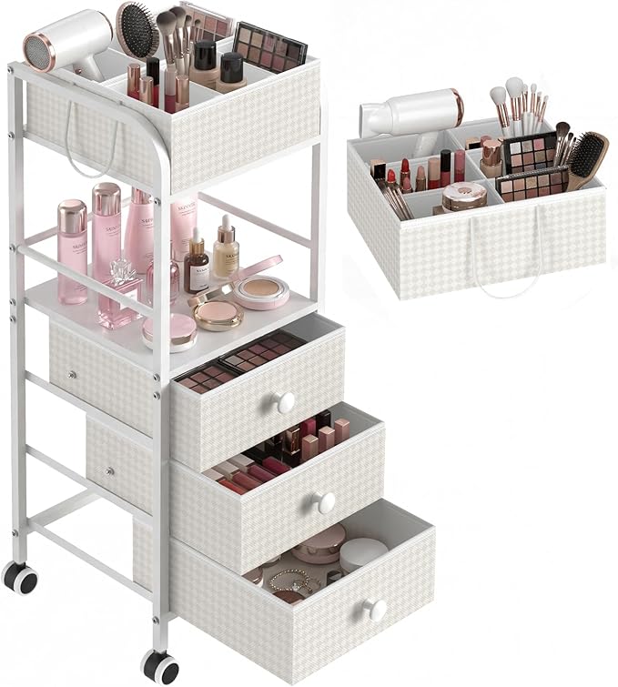2-in-1 Makeup Organizer Cart with Removable Travel Cosmetic Bag, 5 Tier Rolling Makeup Cart on Wheels with Drawers, Floor Cosmetic Display Cases Holder for Vanity Skincare Perfume Nail Polish Storage