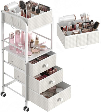 2-in-1 Makeup Organizer Cart with Removable Travel Cosmetic Bag, 5 Tier Rolling Makeup Cart on Wheels with Drawers, Floor Cosmetic Display Cases Holder for Vanity Skincare Perfume Nail Polish Storage