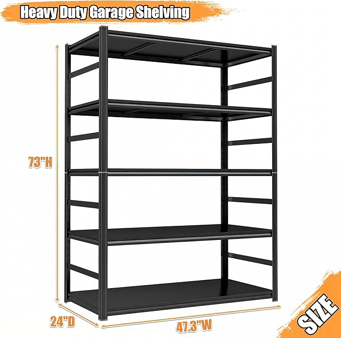 Heavy Duty Metal Garage Shelving Unit, 5 - Tier Adjustable Large Storage Shelves, 3000LBS for Garage & Basement and Pantry Industrial Steel Rack, Ideal for Tool Organization & Storage, Black, 73"H