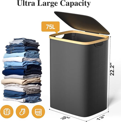Foluck Large Laundry Hamper, 75L Waterproof Laundry Basket with Lid and Removable Bag, Collapsible Tall Clothes Hamper with Bamboo Handles for Clothes Toys in Dorm Bedroom Bathroom, Black