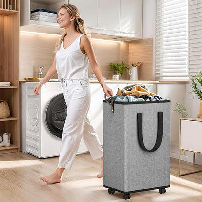 SpaceTrove Laundry Basket with Wheels, Collapsible Laundry Baskets, Laundry Hamper with Handles Detachable Wheels, Rolling Laundry Basket, Dirty Clothes Hamper for Bathroom, Dorm, Bedroom, Grey, 100L