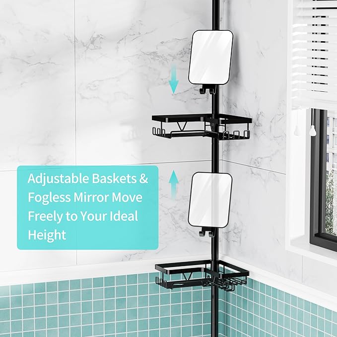 KEGII Shower Caddy Tension Pole - Adjustable Rustproof Corner Bathroom Organizer with Fogless Shower Mirror, 25–114.2 Inch No-Drill Bathroom Storage, Black