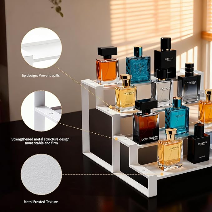 GOENDR Cologne Organizer for Men, 11.8 inch 4 Tier Metal Perfume Organizer Stand, Versatile Step Display Risers Shelf for Fragrance, Skincare, Figurine, Cupcake, Dessert, Spice, 1 Set White