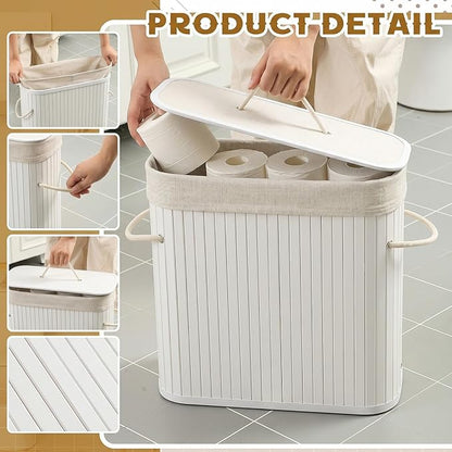 Leinuosen Bamboo Toilet Paper Storage Basket 8 Gallons/30 L Toilet Paper Organizer Holder with Lid Waterproof for Kitchen Bathroom Home(White,Regular)
