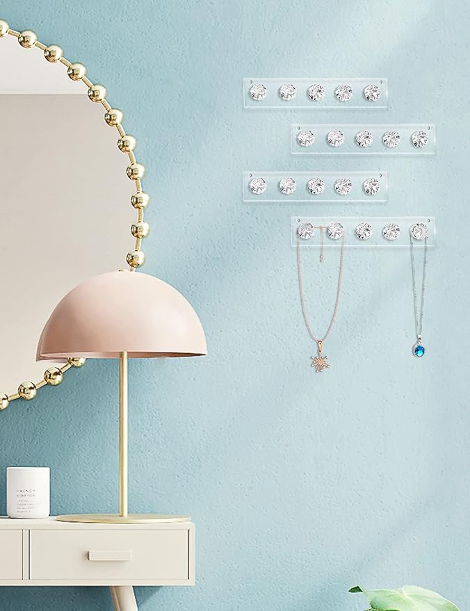 Zreal Necklace Hanger, Acrylic Necklace Holder Short with 5 Jewelry Hooks in Seashell Shape, Wall Mount Jewelry Hanger for Necklace, Bracelets, Chians (4-pack Clear)