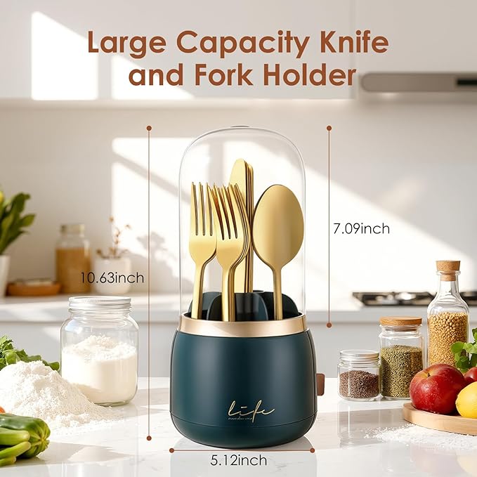 EXIN DECHEN 360 Rotation Silverware Organizer for Kitchen Counter, Utensil Holder Caddy with Cover, Spoon and Fork Organizer, 7 Slots and Intermediate Drainage Device