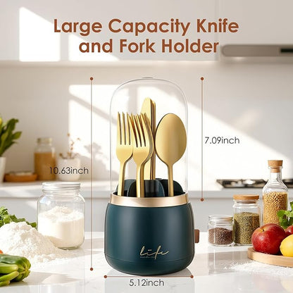 EXIN DECHEN 360 Rotation Silverware Organizer for Kitchen Counter, Utensil Holder Caddy with Cover, Spoon and Fork Organizer, 7 Slots and Intermediate Drainage Device