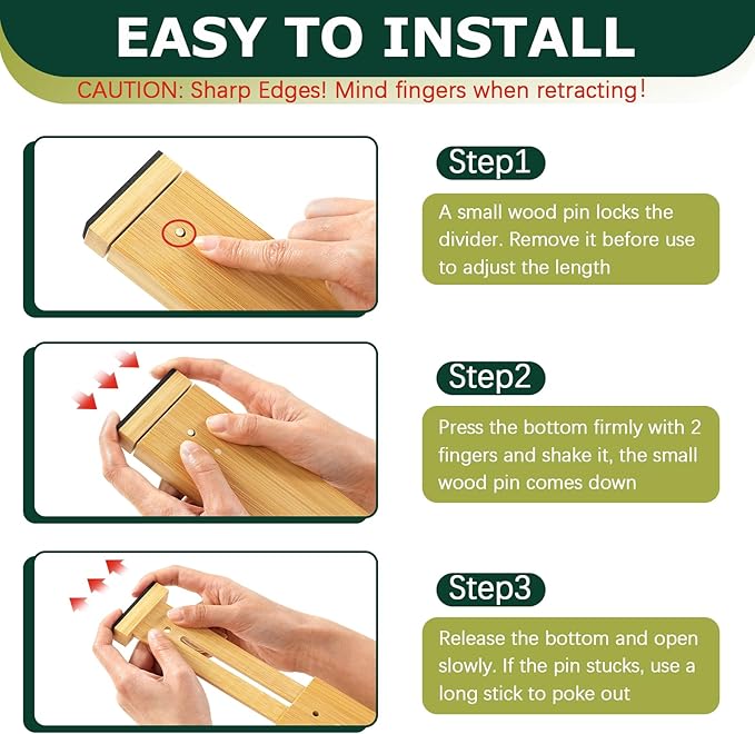 Lzerking Kitchen Drawer Dividers 6 Pack, 17-22" Adjustable Bamboo Drawer Organizers Large, Spring Loaded, Expandable Utensil Organizer, Works in Kitchen, Dresser, Closet, Bathroom, Bedroom