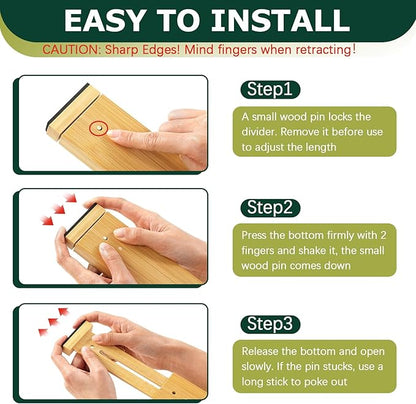 Lzerking Kitchen Drawer Dividers 6 Pack, 17-22" Adjustable Bamboo Drawer Organizers Large, Spring Loaded, Expandable Utensil Organizer, Works in Kitchen, Dresser, Closet, Bathroom, Bedroom