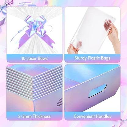 AFOROEOA 10 PACK Laser Gift Baskets for Gifts Empty, 12x10x4” Holographic Iridescent Gift Basket Kit with 10 Bows & 10 Bags - Large Empty Gift Baskets to Fill for Christmas, Weddings, Birthdays, Holiday Gifting Hampers
