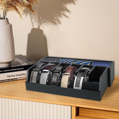 Wooden Belt Organizer, 10 Compartments Belt Organizer for Closet and Drawer, Stylish Belt Storage Display Holder for Men Women’s Belts, Ties, and Jewelry, Black