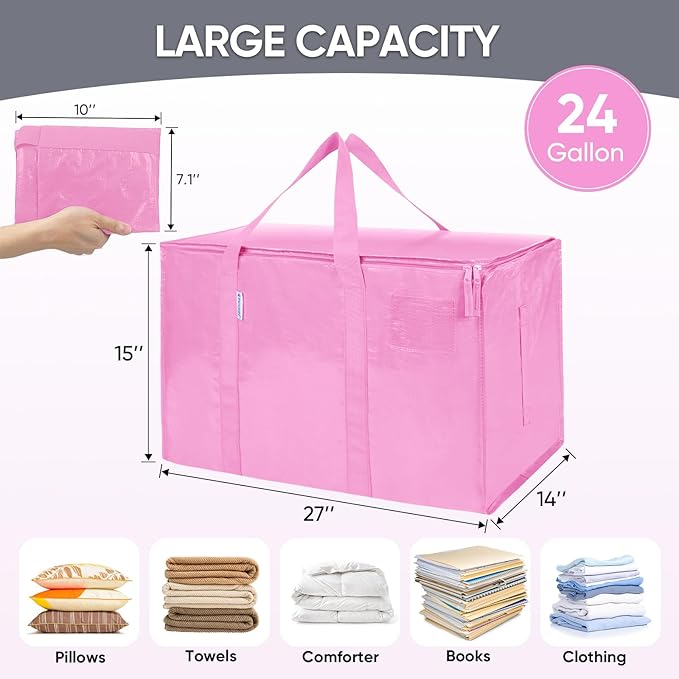 TICONN 6 Pack Extra Large Moving Bags Heavy Duty with Zippers & Carrying Handles, Durable Storage Bags Moving Boxes for Closet Organizers and Storage (6 Pack, Pink)