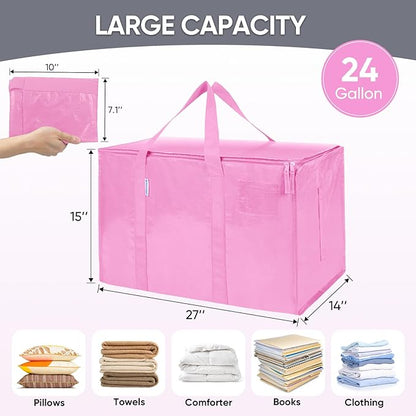 TICONN 8 Pack Extra Large Moving Bags Heavy Duty with Zippers & Carrying Handles, Durable Storage Bags Moving Boxes for Closet Organizers and Storage (8 Pack, Pink)