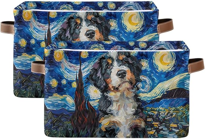 Large Storage Basket Berner Dog Starry Night Storage Bin Cube Canvas Fabric Organizer Handles Collapsible for Clothes Toys Bedroom Decorative
