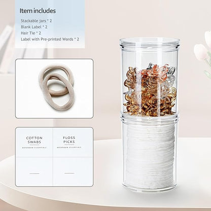SheeChung 2-Pack Stackable Clear Qtip Holder - 10oz Crystal Apothecary Jars with Storage Lids - Clear Plastic Bathroom Countertop Organizer for Cotton Balls, Swabs, Pads - Pinterest Style Decor