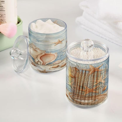 ALAZA 2pcs Starfish Seashell Tropical Beach Qtip Holder Dispenser 14 oz Bathroom Storage Clear Apothecary Jars Containers Cotton Ball,Cotton Rounds,Floss Picks, Hair Clips, Food