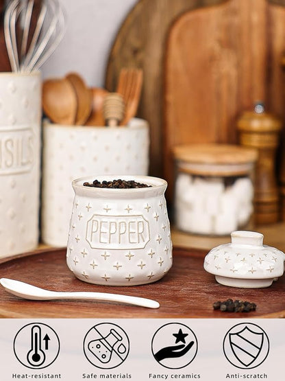 Salt & Pepper Bowl with Lid and Spoon, 10 OZ Ceramic Spices Cellar for Kitchen Counter top, Farmhouse Kitchen Decor (Vintage White, 4.3" Label Pepper)