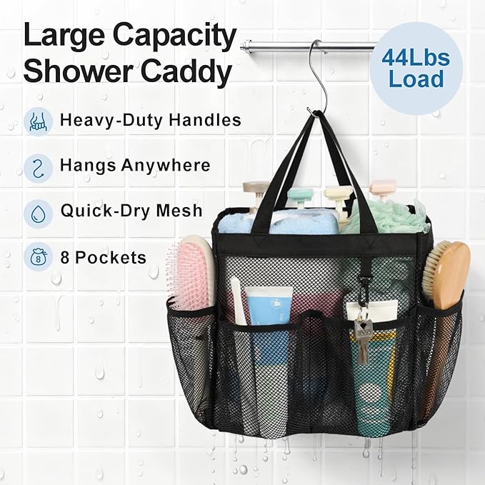 F-color Mesh Shower Caddy Portable - 2 Handles Upgrade Deeper 7 Pockets Basket Bag Tote for College Dorm Room Toiletry Bathroom Essentials Gym Camp Quick Dry with S Hook, 2 Pack, Black & Mint Green