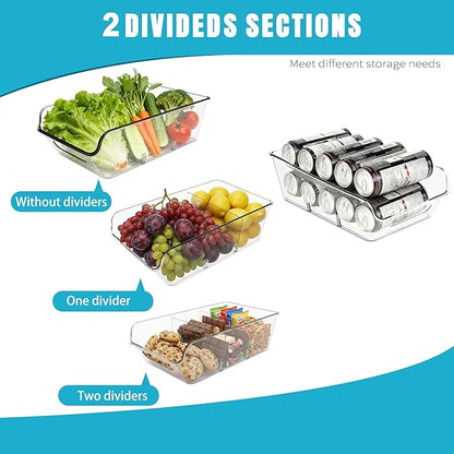 2 Pack Pantry Organizers,Clear Plastic Containers with 2 Dividers for Kitchen,Fridge,Drawer Organization and Storage,Acrylic organizer Bins for Tea Bag,Spice Packet,Snack