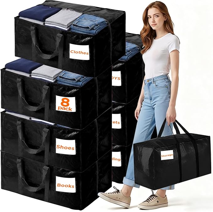 BETU 8 Pack Moving Bags Moving Storage College Dorm Camping Packing Travel PE Heavy Duty, Sturdy Handle, Zipper Large Storage Tote Bag Moving Boxes Box Alternative - Black 29L x 14W x 13H