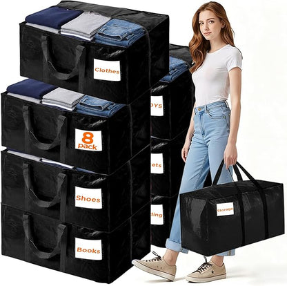 BETU 8 Pack Moving Bags Moving Storage College Dorm Camping Packing Travel PE Heavy Duty, Sturdy Handle, Zipper Large Storage Tote Bag Moving Boxes Box Alternative - Black 29L x 14W x 13H