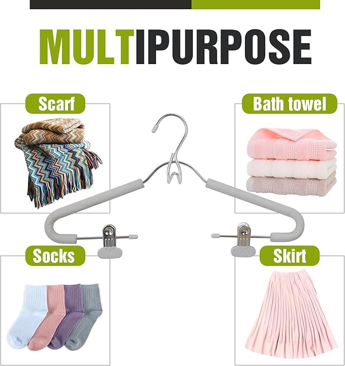 Spring Fever Foam Padded Clothes Hangers with Clips Hooks - Sponge Non Slip Chrome Plating Heavy Duty Space Saving for Women Men Pants Coat Green-Grey 5 Pack