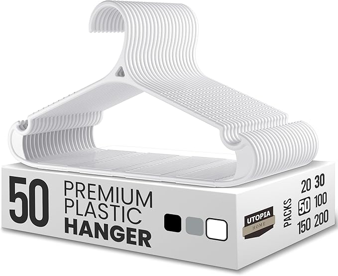 Utopia Home Plastic Hangers 50 Pack for Shirts & Pants – Space-Saving Heavy Duty Plastic Hangers with Non-Slip Shoulder Grooves & Notches - Anti-Slip Pants Bar for Increased Grip (White)