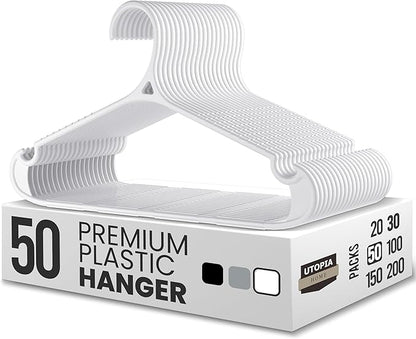 Utopia Home Plastic Hangers 50 Pack for Shirts & Pants – Space-Saving Heavy Duty Plastic Hangers with Non-Slip Shoulder Grooves & Notches - Anti-Slip Pants Bar for Increased Grip (White)