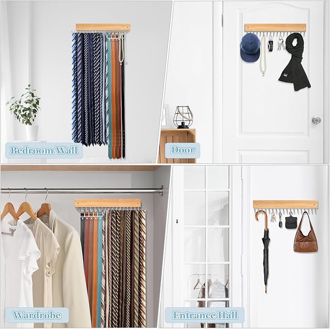 Tie Rack Belt Hanger Wall Mounted, Lomrsiul Non Slip 180 Degree Rotating Tie Organizer for Men Closet with 18 Hooks Closet Organizers and Storage for Tie Belt Necklace Purse Scarf Bag Natural 2 Pack