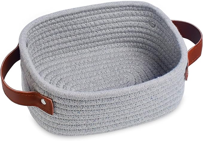 ABenkle Small Storage Basket, Mini Rope Woven Baskets, Cute Shelf Closet Storage Organizer, Boho Decorative Toy Bin for Nursery, Living Room, Spa, Empty Gift Basket - XS,Grey