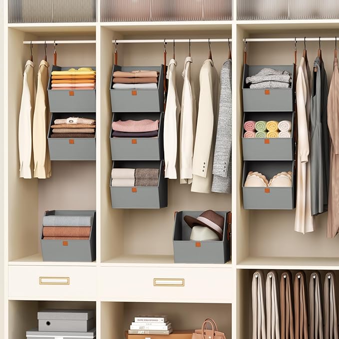 Homsorout Collapsible Hanging Closet Organizer - 3 Tier Closet Shelves Storage System with Hooks, Fabric Hanging Storage Bins for Clothes, Foldable Storage Basket for Laundry, Bedroom, Rv, Grey
