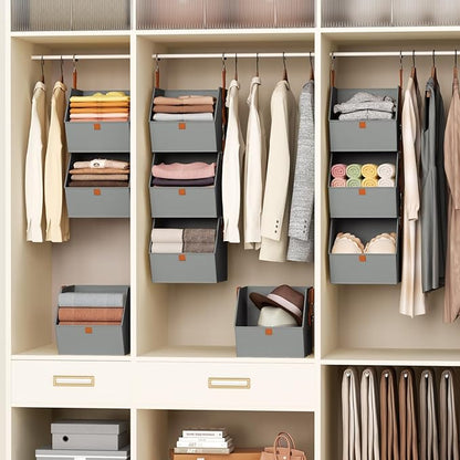 Homsorout Collapsible Hanging Closet Organizer - 3 Tier Closet Shelves Storage System with Hooks, Fabric Hanging Storage Bins for Clothes, Foldable Storage Basket for Laundry, Bedroom, Rv, Grey