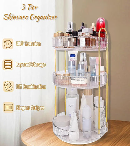 Skincare Organizers 360 Rotating, 3 Tier Round Makeup Organizer Countertop,Holder Rack Large Spinning Cosmetics Display Cases, Perfume Beauty Storage for Vanity, Countertop, Bathroom(White-3 Tier)