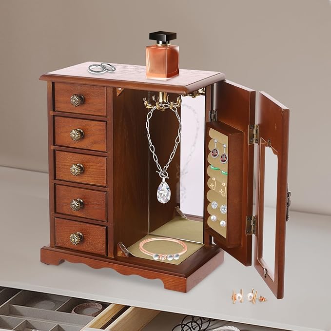 Wooden Jewelry Box, Jewelry Organizer with 5 Drawers, Large Storage Space Desktop Jewelry Storage Box with Anti-Slip Feet,for Organizing Necklaces, Bracelets, Earrings (Dark Wood Color)