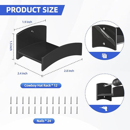 Cowboy Hat Rack(12Pack) - Wide Brimmed Organizer - Strong Adhesive Cowboy Holder - 2.2Inch Hooks for Walls - 2 Mounting Option Holder - Hangers for Doors and Closets - Black