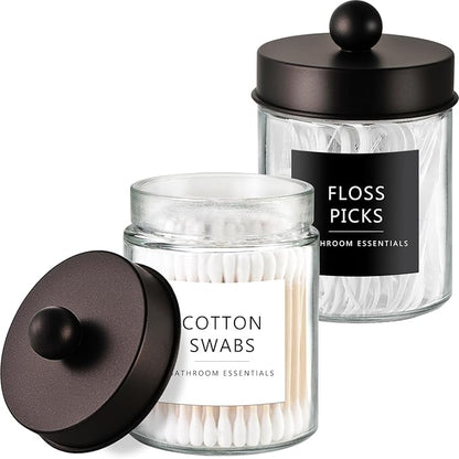 Amolliar 2 Pack Qtips Dispenser Holder - Bathroom Countertop Storage Organizer Containers - Glass Apothecary Jars with Bronze Plastic Lid for Q-tips Cotton Balls, Swabs, Round Pads, Floss