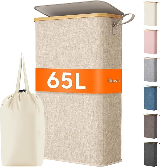 Lifewit 65L Slim Laundry Hamper with Lid, Narrow Laundry Basket with Removable Bag & Bamboo Handles, Fodable Thin Dirty Clothes Hamper for Laundry Collapsible Bin for Bathroom Bedroom Dorm, Beige